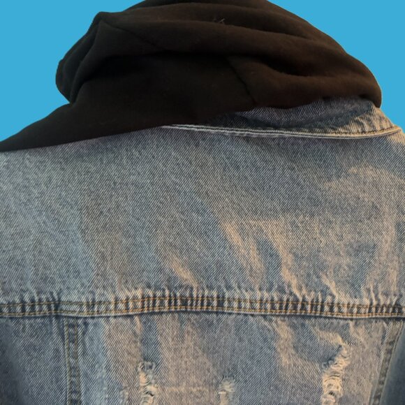Blue Jean "Highway" Distressed Jacket- Black Jersey Sleeves Removeable Hood NWOT - Picture 5 of 9